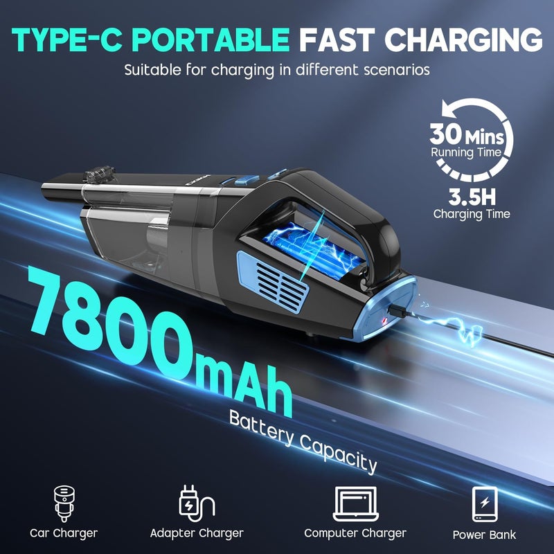 CKIKU Handheld Vacuum Cordless, 15000PA Strong Suction Hand Held Car Vacuum Cleaner Portable with Multi-Nozzles & Washable Filter, Lightweight Dust Busters Rechargeable for Home, Car, Office, Pets - Image 4